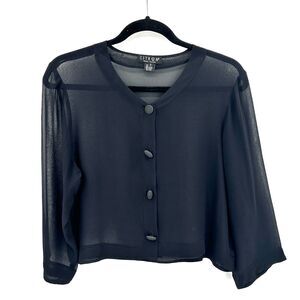 CITRON Black Sheer Silk Button Up Lagenlook Cropped Boxy Blouse Top Size Small